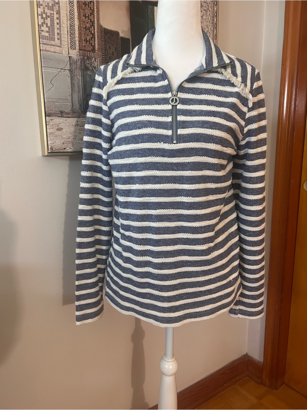 Jones New York Striped Half-Zip in Navy and Cream